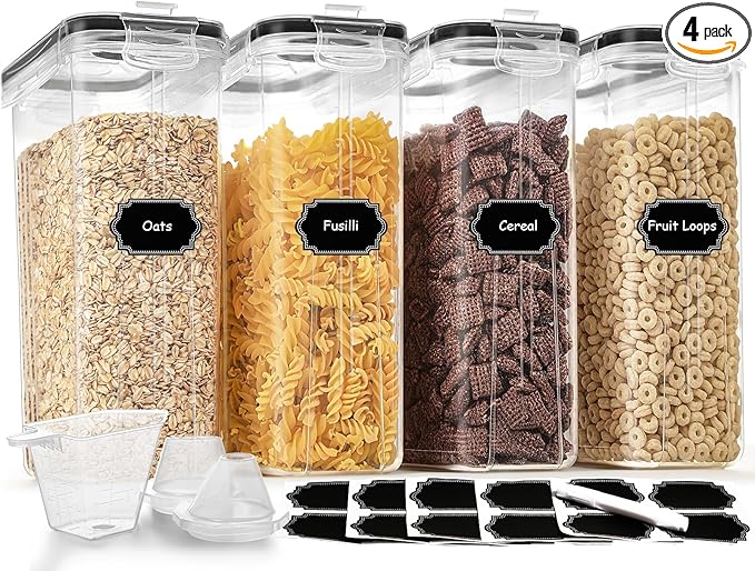 Cereal Containers Storage Set (4L / 135.2oz), 4PCS Airtight Food Storage Containers with Lids, Cereal Dispensers for Kitchen Pantry Organization and Storage with Pour Spout, 20 Labels, Marker