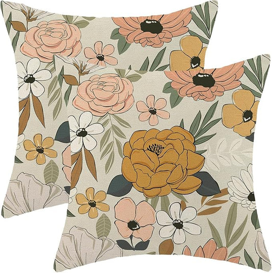 CXMEIFLY Spring Floral Pillow Covers 16 x 16 Inch Set of 2 for Vintage Mustard Yellow Pink Flowers Decor Throw Pillows Plant Cream Outdoor Decorative Cushion Cases for Couch Bed Decorations