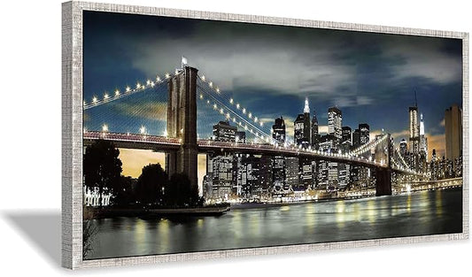 Framed Brooklyn Bridge Wall Art: Large Size New York Cityscape Skylines Night Scene Modern Picture Artwork for Home Office Decoration (48” X 24”)