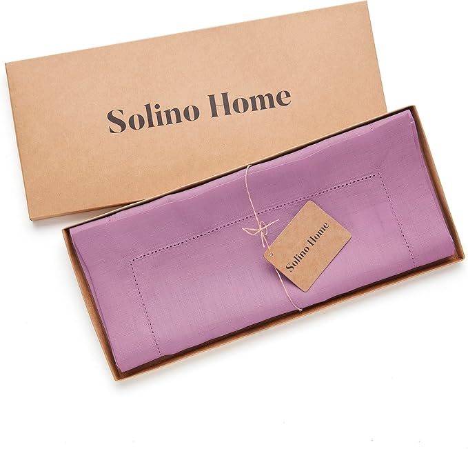 Solino Home Linen Table Runner 120 Inches Long - Classic Hemstitch 100% Pure Linen Violet Dining Table Runner 14 x 120 Inch for Halloween