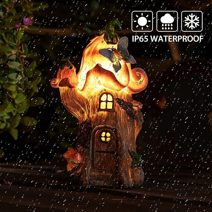 Fairy Garden Accessories Outdoor Statues, Mushroom House Decor,Large Gnome Solar Powered Lights Sculptures,Pink Resin Figurine Butterfly Figurines Lawn Ornaments for Patio Yard Decorations 11Inch