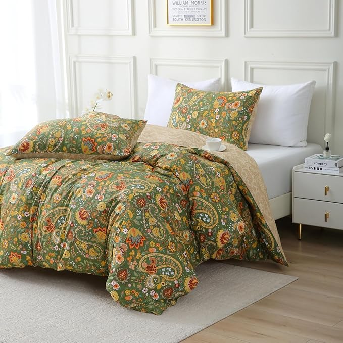 ABREEZE Paisley Bedding Sets 3Pcs Brushed Cotton Duvet Cover Set King Size Rustic Damask Green Floral Comforter Cover with Zipper Closure Boho Bedding Collections