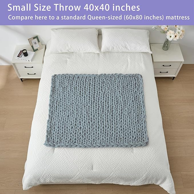 Bigacogo Chunky Knit Throw Blanket for Couch, 40x40 inches, 100% Hand Knitted with Thick Jumbo Chenille Yarn, Cozy Soft Large Rope Knot Cable Crochet Blankets for Sofa Bed Living Room, Dusty Blue