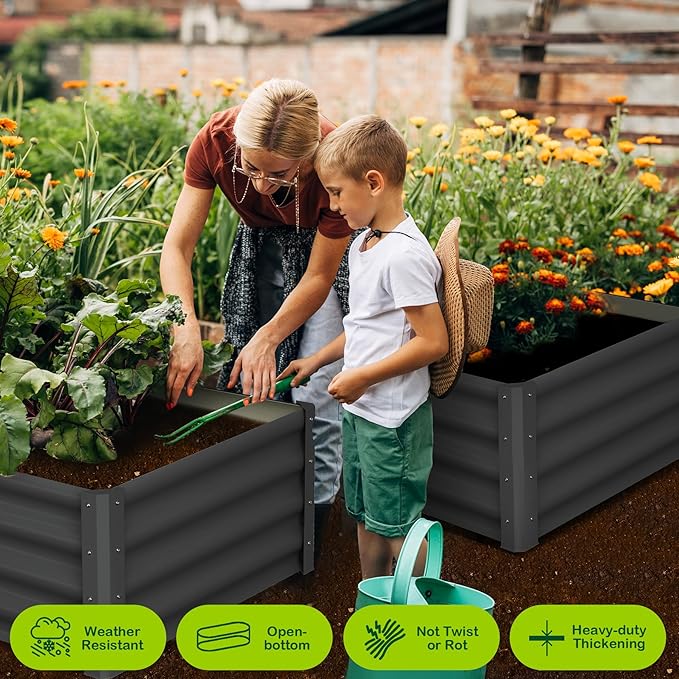 Galvanized Raised Garden Bed Outdoor, 2 Pcs 6x3x1FT Outdoor Large Planter Raised Beds Open Base with Safety Edge and Glove for Vegetables Flowers Ground Planter, Dark Gray