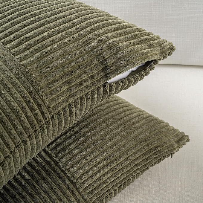 Fancy Homi Set of 2 Olive Green Boho Long Lumbar Body Decorative Throw Pillow Cover 14x36 Inch for Bed Couch Bedroom Bench, Soft Patchwork Corduroy Textured Pillow Case, Rustic Farmhouse Room Décor