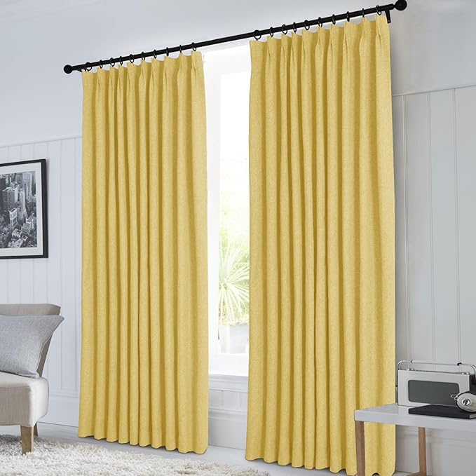 Macochico 120”Wx102”L 100% Blackout Linen Curtains Pinch Pleated Thermal Panels for Sliding Door Bedroom Living Room Farmhouse Shabby Chic Yellow Burlap Curtains with Tieback 1 Panel