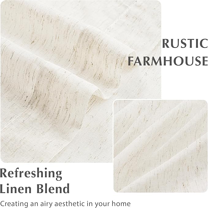 FMFUNCTEX Linen Sheer Pinch Pleated Curtains for Bedroom, Linen Flax Beige 63 Inch Length Sheer Curtain See Through Panels for Living Room, Natural Window Drapes for Farmhouse, Rod Pocket 2 Panels