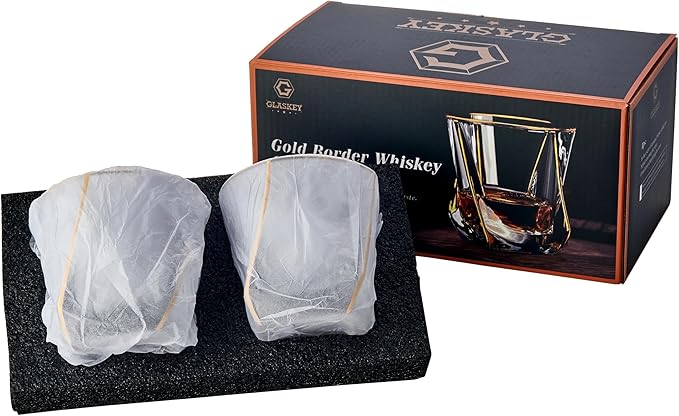 Crystal Whiskey Glasses Set of 2 with 24K Gold Rim,Bar Glasses,Twisted Whiskey Glass Gold Collection for Bourbon,Scotch and Wine,Rock Barware for Men Gift - 8oz