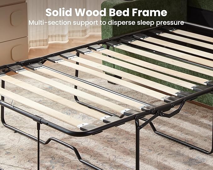 CHIC HOUSE Pull Out Sofa Bed, Full Size Sleeper Sofa, 2-in-1 Convertible Corduroy Couch with USB Charging, Memory Form Couch for Living Room, Apartment and Small Space (Green, Chenille - Queen Size)