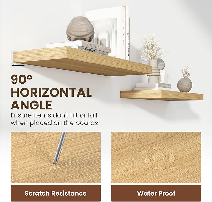 36 Inch Floating Shelves, 11.6 Inch Deep Floating Shelves for Wall, Floating Shelf with Invisible Brackets, Deep Shelves for Bathroom, Bedroom, Living Room, 2 Pack, Natural