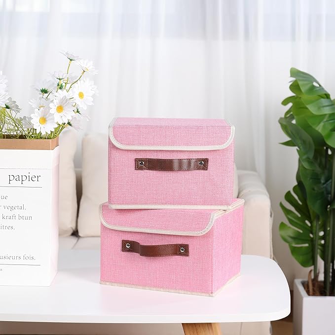 ANMINY 2PCS Storage Bins with Lid PU Leather Handles Storage Boxes PP Plastic Board Decorative Foldable Lidded Cotton Linen Fabric Home Cubes Baskets Closet Organizer Containers - Pink, Small Size