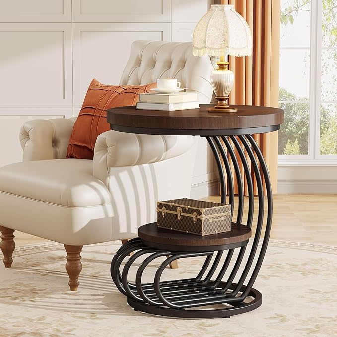 Tribesigns Round End Side Table: Side Table with 2 Tiers Storage Shelves, Vintage End Table for Living Room, Small Bedside Table Accent Table with Arc-Shaped Frame, Rustic Brown