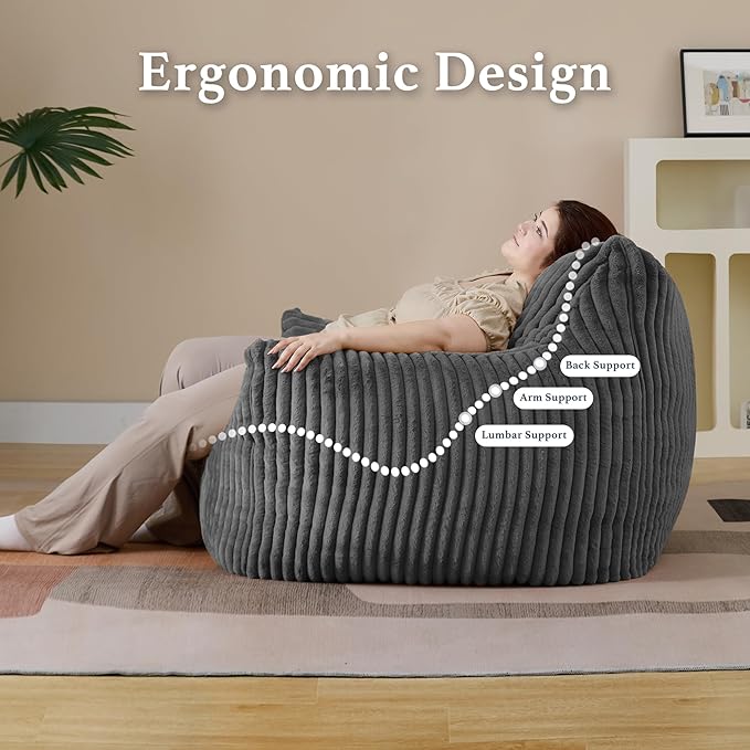 Giant Plush Bean Bag Chair for Adults with Armrests - Oversized Comfy Grey Beanbag Lounge Lazy Floor Sofa Accent Chair for Living Room, Bedroom & Dorm, Cozy Fluffy Single Cloud Mini Couch