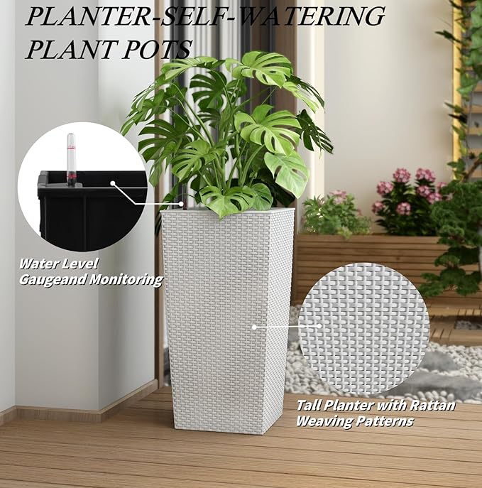2Pcs 23in High Large Plant Pots Planter-Self-Watering,Modern Planter with Drain Holes,Water Level Monitor,Inner Bucket for Indoor/Outdoor Front Porch Patio,White Rattan
