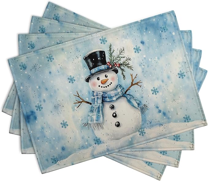 Blue Snowman Snowflake Winter Placemats Set of 4 Seasonal Christmas Linen Table Mats 12x18 Inch Xmas Holiday Snow Farmhouse Rustic Washable Place Mats for Party Kitchen Dining Outdoor Indoor Decor