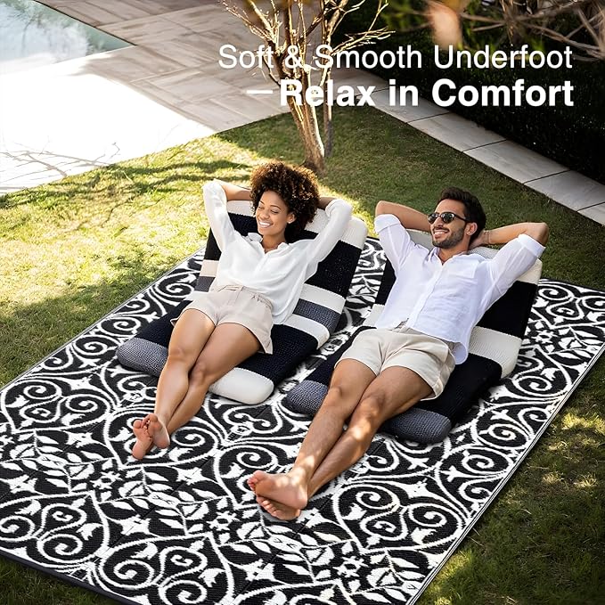 OLANLY Outdoor Rug Waterproof 8x10 ft Clearance, Reversible Outdoor Plastic Straw Rug with Floral Pattern, RV Mat for Patio, Camping, Balcony, Deck, Backyard, Black & White