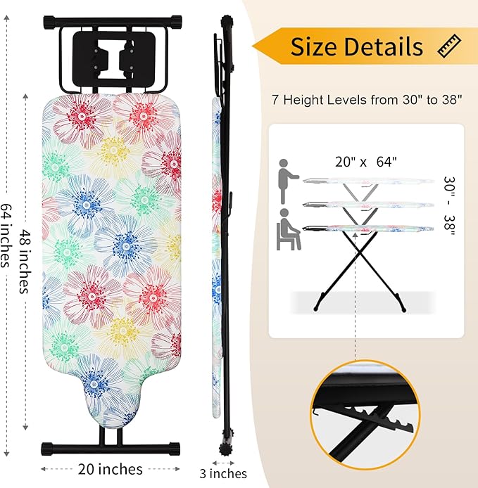 Extra Large Ironing Board with Hang Rail and Iron Rest 63" L x 20" W (Large with Iron Rest (Floral Cover))