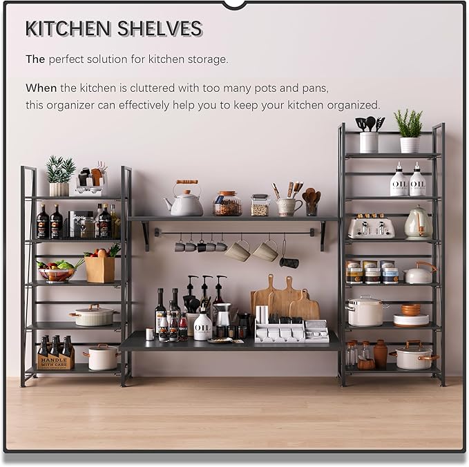 4NM No Assembly Foldable Bookshelf, 6-Shelf Collapsible Bookcase Storage for Small Spaces, 74" H, All Black