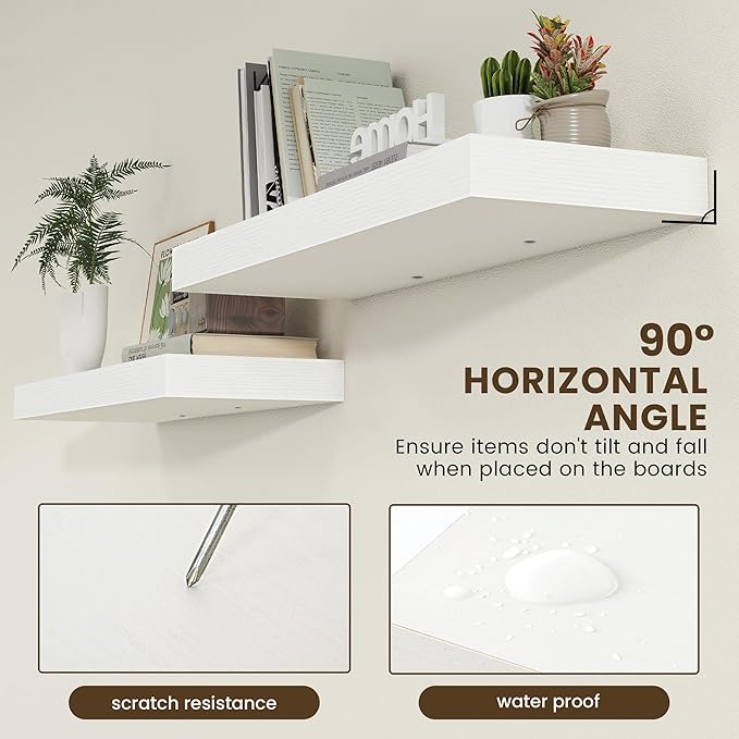 Deep Floating Shelves, 12'' Deep Rustic Large Floating Shelves Set of 2, White Shelves for Wall 36 Inches Long, Wood Shelves for Living Room Laundry Room Bedroom Kitchen Home Office - White