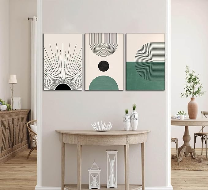 3 Pcs Sage Green Boho Canvas Wall Art Modern Abstract Minimalist Neutral Bohemian Sun Geometric Line Painting Picture Wall Decor Poster Print Artwork for Living Room Bedroom Home Decoration