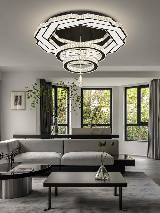 Flashing God Dia 32" Modern Crystal Chandelier Crystal Black Ceiling Light Fixtures LED Flush Mount Ceiling Light for Living Room Bedrooms Dining Room Dimmable 2700k- 6000k