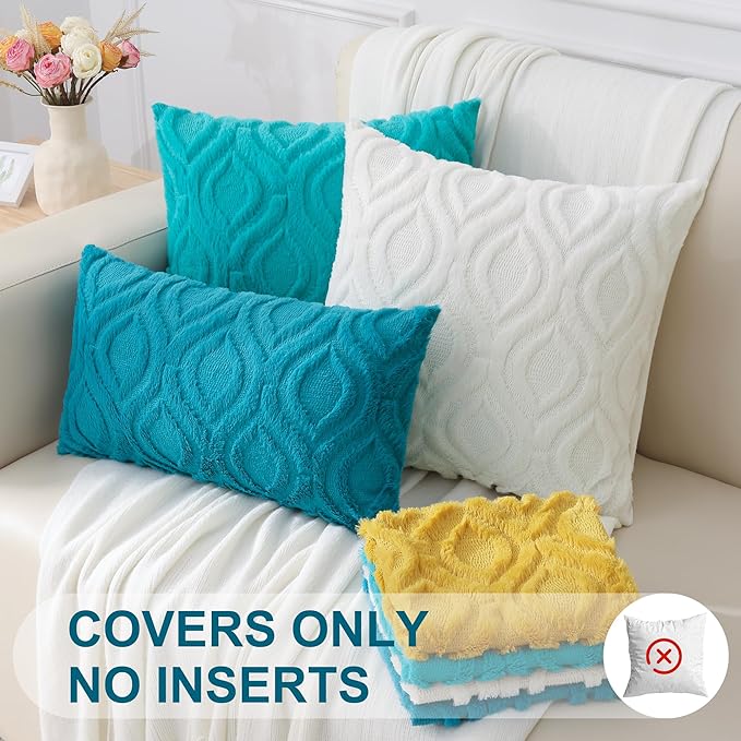 decorUhome Fall Throw Pillow Covers 20x20 Inch Set of 2, Soft Plush Decorative Faux Fur Teal Solid Couch Pillow Covers, Accent Farmhouse Neutral Square Euro Pillow Cases for Sofa Bed Living Room