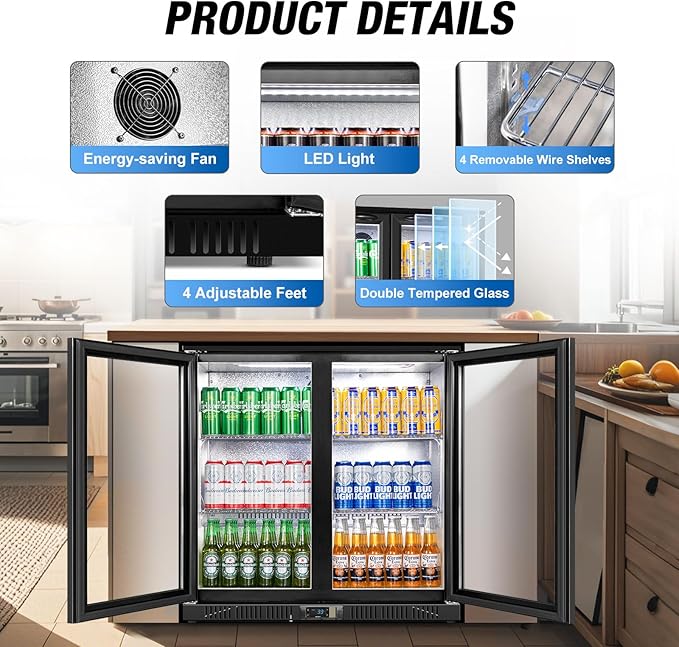 Beverage Refrigerator Under Counter, Back Bar Cooler with 2 Glass Door, Commercial Display Fridge 35.42 Inch Wide 7.4 Cu.Ft, Drink Fridge for Beer Soda Wine, Beverage Cooler for Kitchen Shop Bar