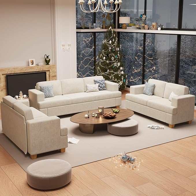 Sofa, 3 Piece Set Comfy Sofa, 2 Loveseat & 3 Seater Couch with Deep Seats for Living Room, Modern Sleeper Couch, Beige Chenille