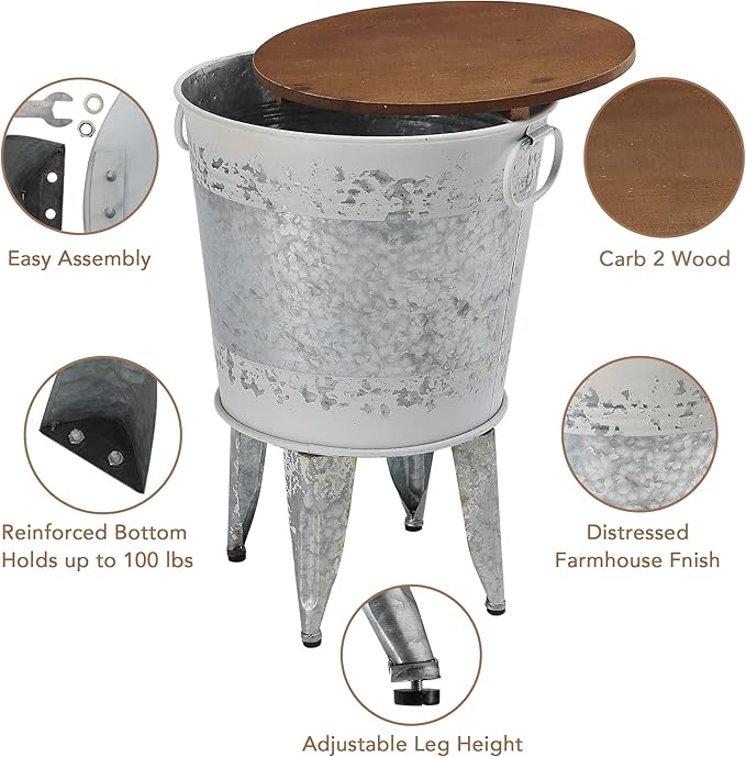 Rustic Storage Farmhouse Accent Side Table, Antique Galvanized Metal End Coffee Cocktail Table Box Bin with Round Wooden Lid Set of 2 (Distressed White)