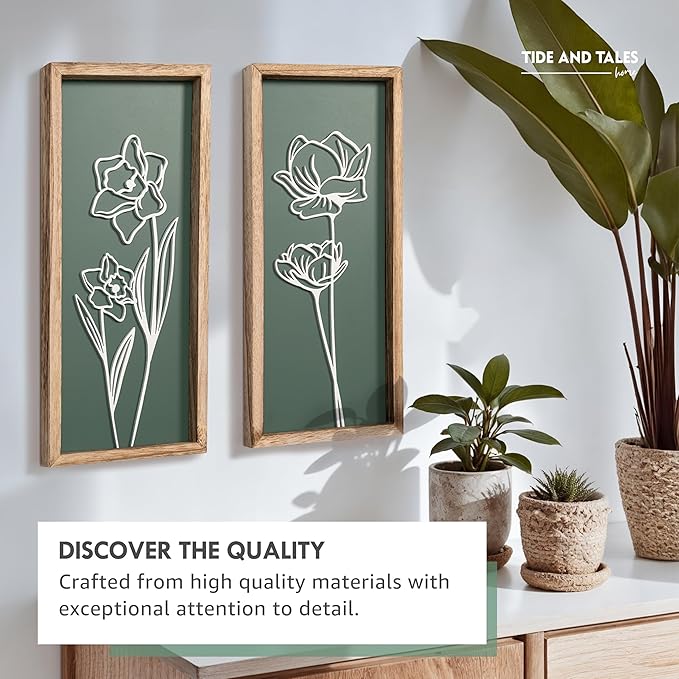 3D Floral Green Wall Art (Set of 2) Lightweight, Wooden Ready-to-Hang Boho Framed Wall Art for Bathroom, Bedroom, Living Room or Office – Premium Sage Green Farmhouse Decor – Gift-Boxed