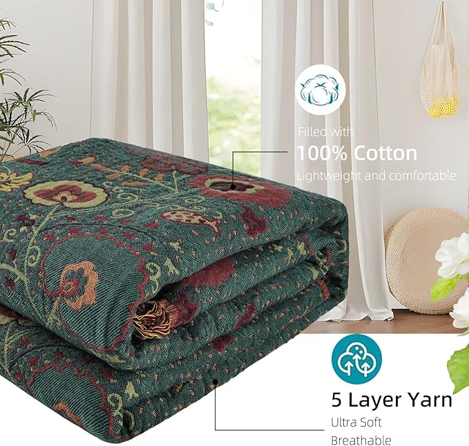 Boho Throw Blanket for Bed - 100% Pure Cotton Ultra Soft Rustic Quilt - Farmhouse Decor Bed Blankets, All Season Rustic Throw for Sofa Couch Chair(60''×80'', Floral)