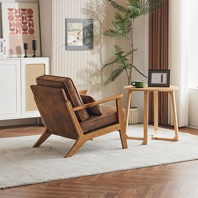 Karl home Accent Chair Wide Armrest Mid-Century Lounge Chair Bronzing Cloth Armchair with Lumbar Pillow & Solid Wood Frame for Living Room, Bedroom, Balcony, Brown
