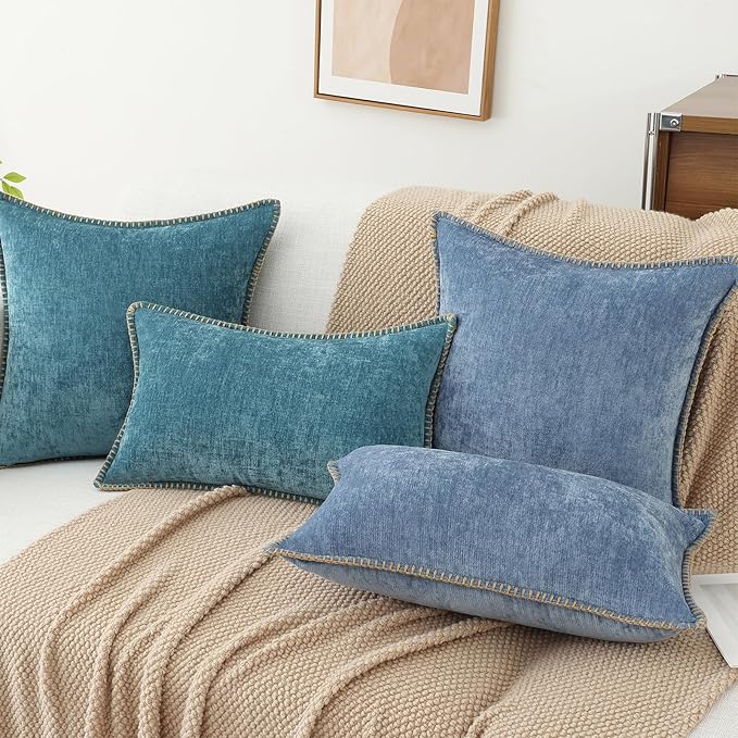 decorUhome Chenille Soft Throw Pillow Covers 12x20 Set of 2, Lumbar Velvet Farmhouse Neutral Decorative Euro Pillow Covers with Stitched Edge for Couch Sofa Bed Home Decor, Teal