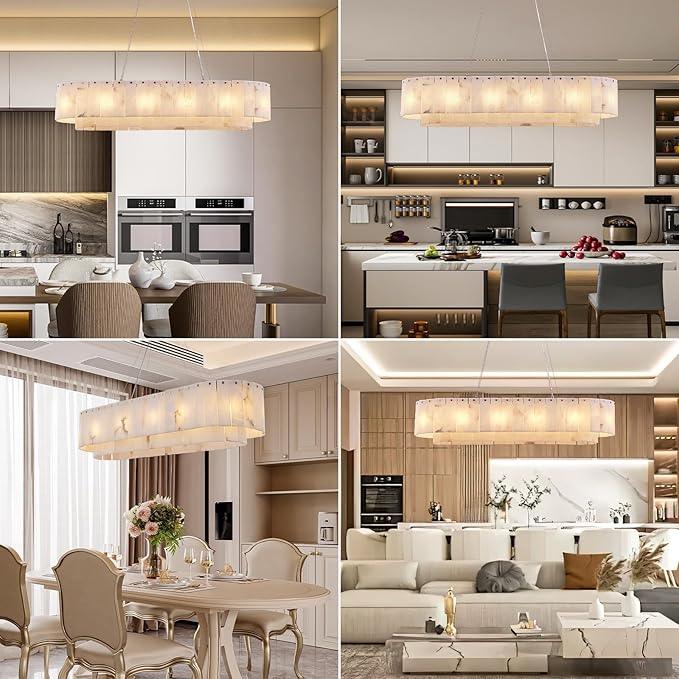 Alabaster Rectangular Chandelier for Dining Room, L39in Modern Chandeliers, Adjustable Marble Pendant Light Fixture, Rectangle Chandelier for Dining Table Living Room Kitchen Island (Bulbs INCL)