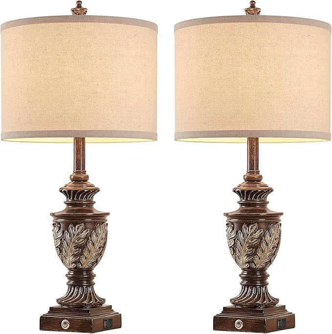Farmhouse 3-Way Dimmable Touch Table Lamp Set of 2 for Bedroom Living Room with USB A+C Charging Ports 27.75" Tall Rustic Traditional Nightstand Bedside Lamps Brown End Table Lamp (2 Bulbs Included)