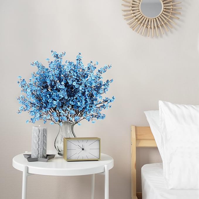 Sggvecsy 10 Pcs Babys Breath Artificial Flowers Gypsophila Bouquets Bulk Real Touch Fake Silk Flowers for Home Wedding DIY Floral Arrangement Kitchen Table Centerpiece Festival Decoration (Blue)