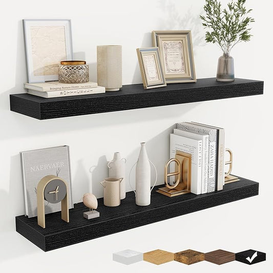 fuqing Floating Shelves for Wall, Bathroom Shelf Wall Mounted for Storage, Shelves with Invisible Bracket for Bedroom, Kitchen, Living Room, Farmhouse Small Book Shelf, 36 Inch Set of 2, Black