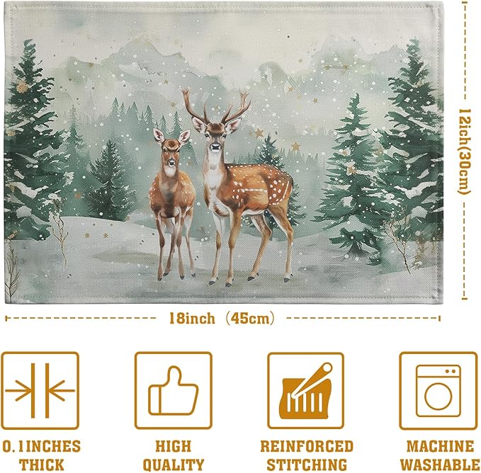 Christmas Watercolor Deer Trees Snowflakes Placemats Set of 4 Winter Rustic Nature Forest Linen Table Mat 12x18 Inch Seasonal Farmhouse Washable Place Mats for Dining Table Kitchen Xmas Decor