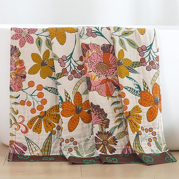 Boho Rustic Throw Blanket,100% Cotton Soft Vintage Bed Throw Blankets Floral Farmhouse Decor Throws,Reversible Throw for Sofa Couch, 60"×80" for All Seasons -White