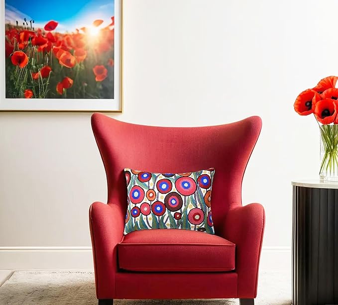 Cream Lumbar Poppy Floral Pillow Cover Red Poppies Flower Pillows White Farmhouse Chair Cushion Floral Cream Hand Embroidered Size 14x20