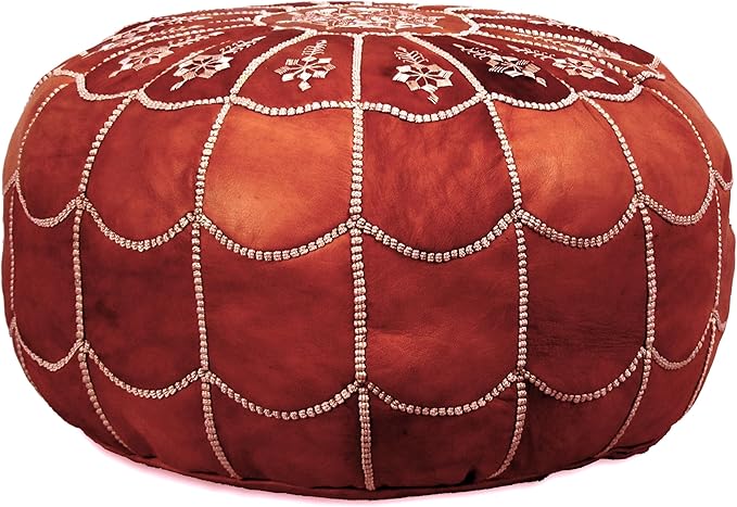 Stuffed Arch Design Moroccan Leather Pouf Ottoman, Handmade, Pre-Filled, 100% Genuine Leather, 14” Height x 22” Diameter – Boho Chic Footstool & Living Room Décor (Honey Cognac)