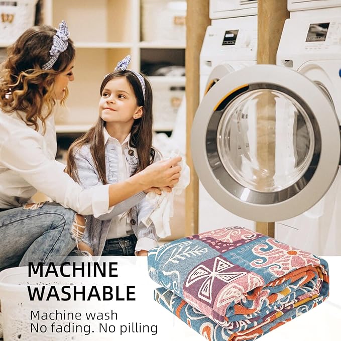 Boho Throw Blanket for Bed - 100% Pure Cotton Ultra Soft Rustic Quilt - Farmhouse Decor Bed Blankets, All Season Rustic Throw for Sofa Couch Chair(60"×80", Art Squares)