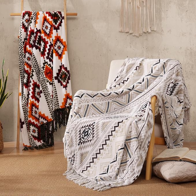 CASAAGUSTO Boho Throw Blanket - Beige and Gray Decorative Blankets with Tassel, Printed Flannel Bohemian Blanket for Chair, Bed, Sofa, Couch(50 * 60, Beige and Gray)