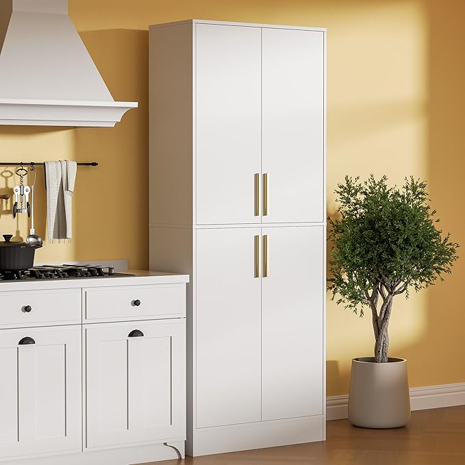 71" Tall Pantry Cabinet with 4 Doors, Kitchen Pantry Storage Cabinet, Freestanding Larder Cupboard, Kitchen Hutch with Gold Handles for Dining Room, Bathroom, White