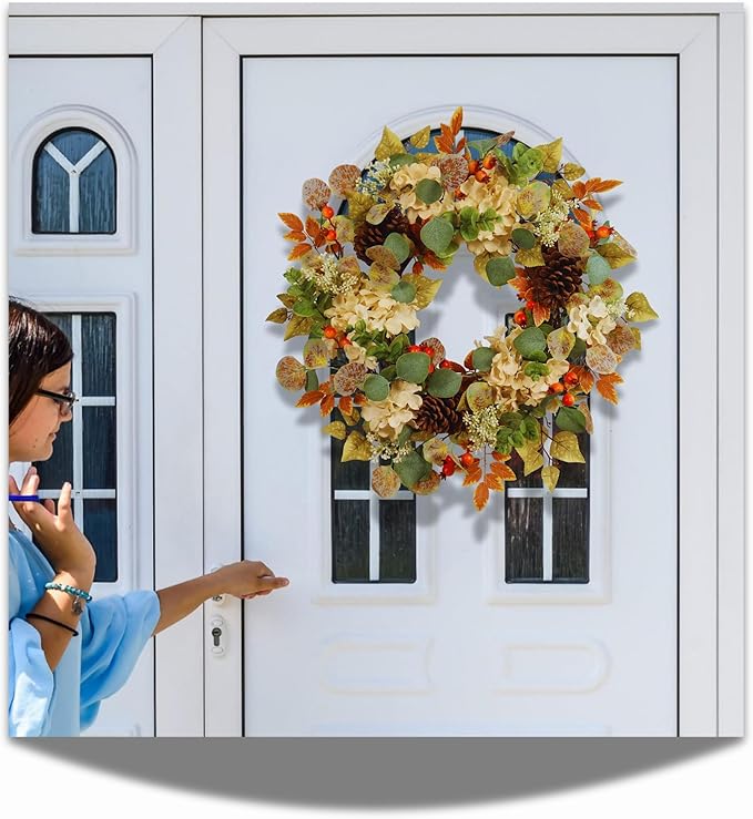 22 in Fall Hydrangea Wreath with Eucalyptus, Pinecones Orange Berries Perfect Autumn Door Wreath for Thanksgiving Harvest Decor - Rustic, Lifelike Durable for Indoor Outdoor Use