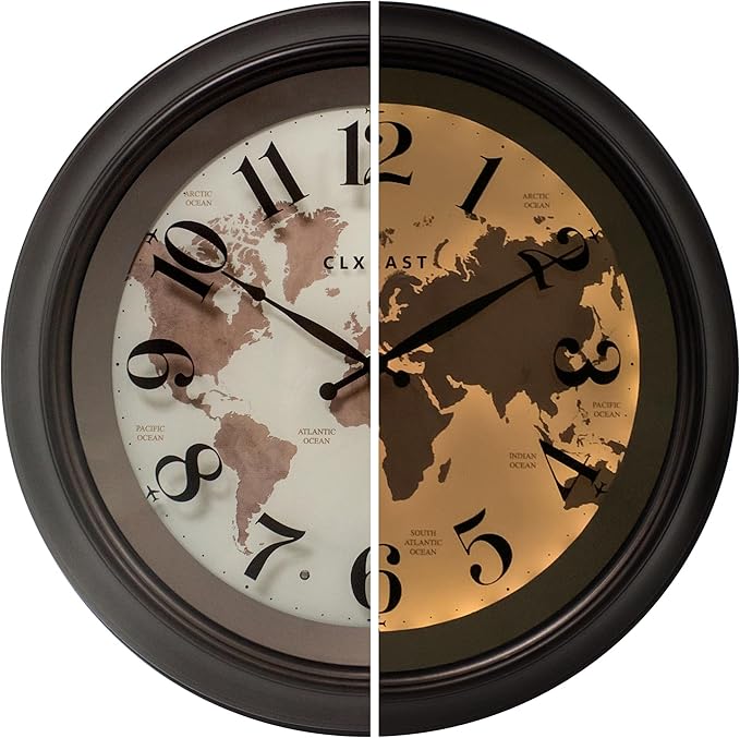CLXEAST 18 Inch Illuminated Wall Clock with Smart LED Light Sensor, Large Modern World Map Wall Clocks for Living Room Decor,Oil Rubbed Bronze,Unique House Warming Gifts