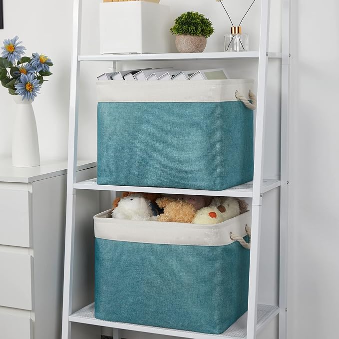 Bidtakay Foldable Storage Bins Set of 2 Tall Cloth Baskets 16" X 11.8" X 11.8" Decorative Organizers for Linen Closet (White & Teal)
