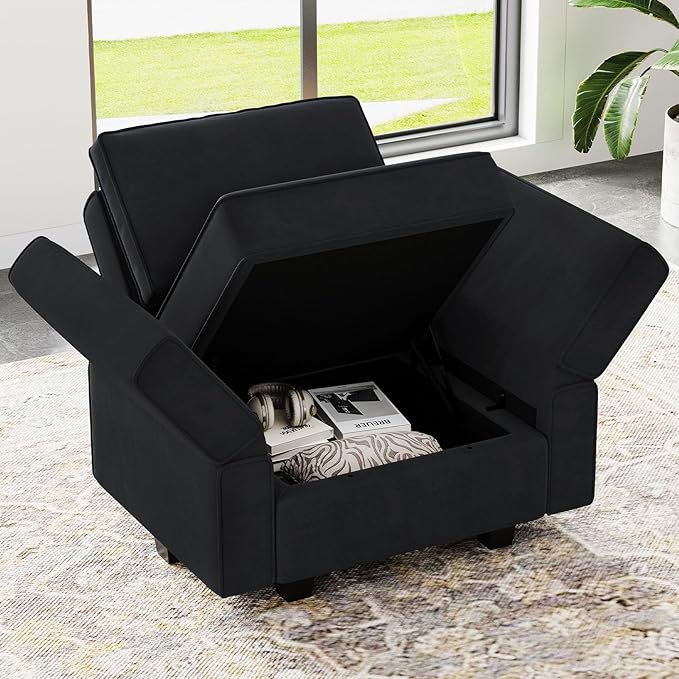 Belffin Modular Sectional Arm Accent Chair with Storage Seat Velvet Armchair Single Sofa Club Chair Black