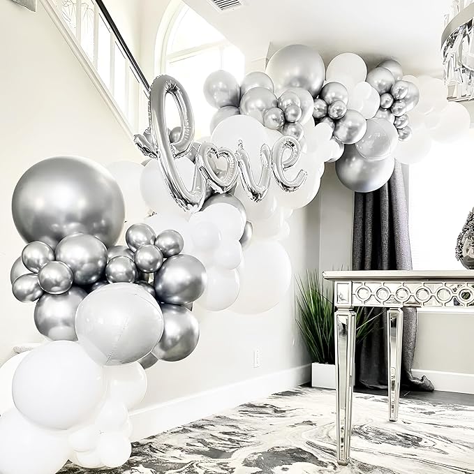 130pcs Metallic Silver Balloons Different Sizes 18" 12" 10" 5" Chrome Silver Balloon Garland Arch Kit for Graduation Birthday Baby Shower Wedding Anniversary New Year Party Decorations
