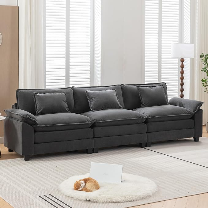 URRED Modular Sectional Sofa Comfy Cloud Couch, Modern Velvet Sofa Sleeper Deep Seat Couches with Ottoman/Pillows for Living Room (Dark Gray, 117'')